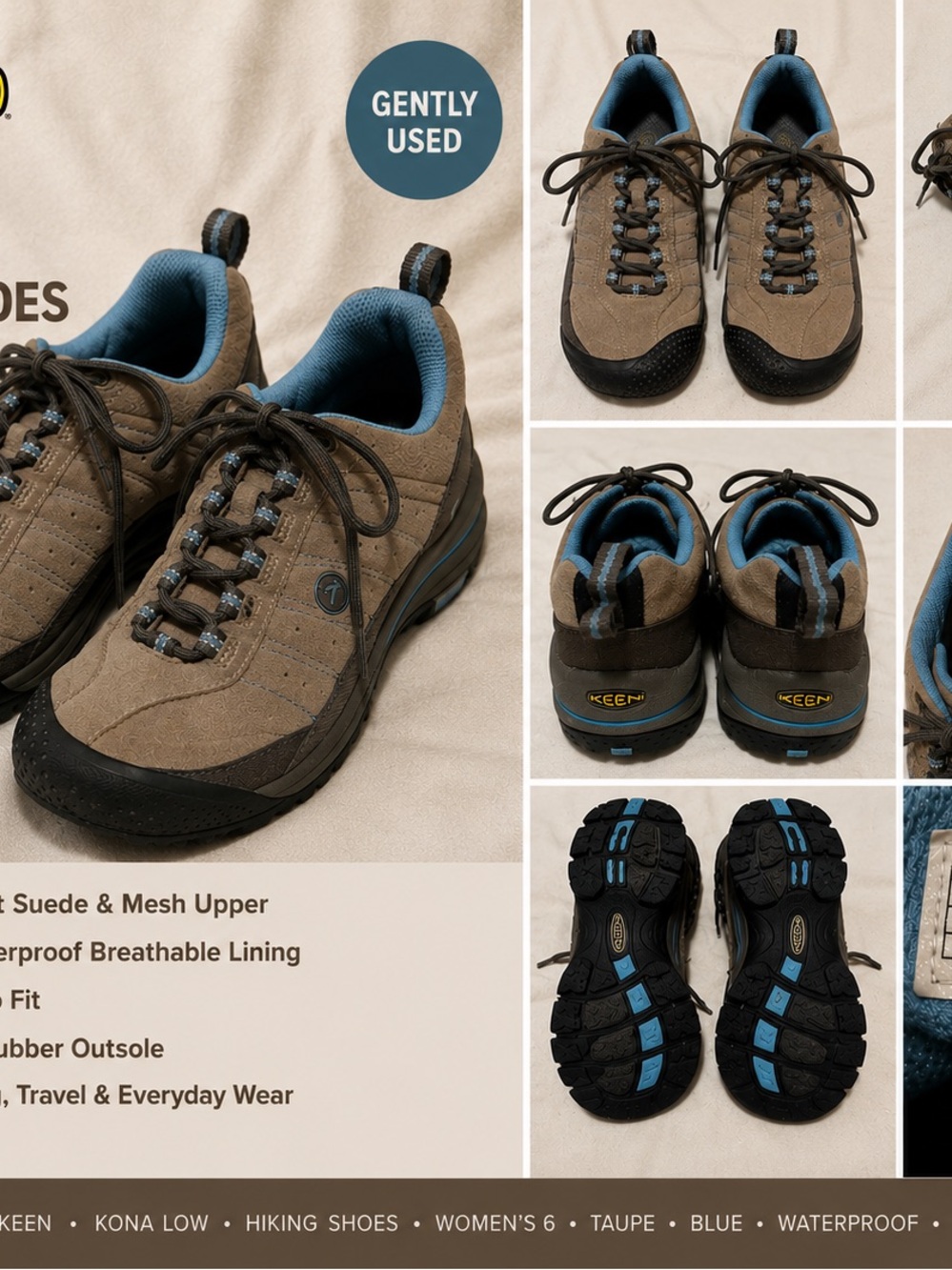KEEN Kona Low Waterproof Hiking Shoes Taupe Blue Women’s 6 #gorpcore#outdoorcor